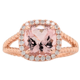 14K Rose Gold Cushion Cut Morganite Diamond Halo Textured Ring